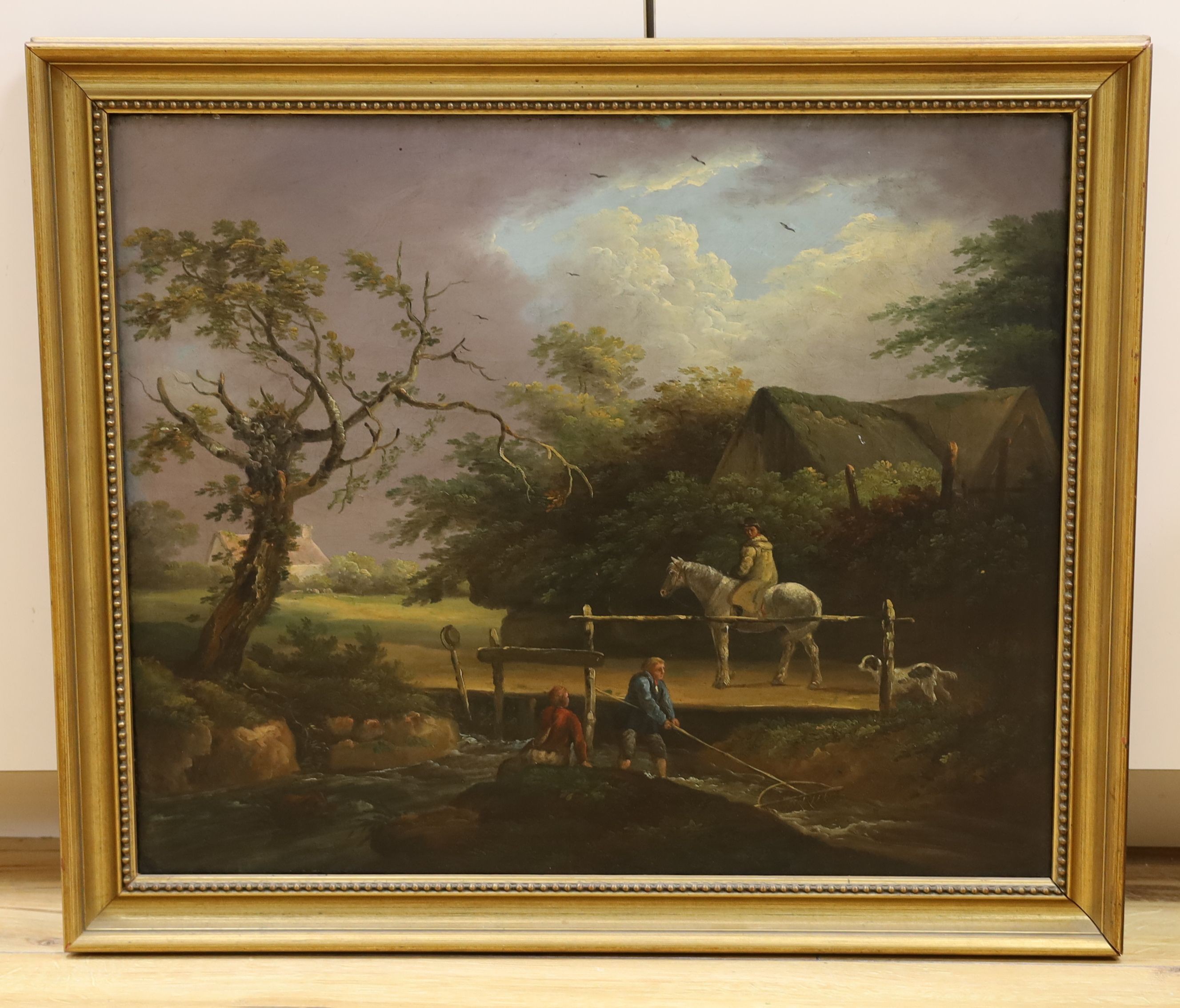 Early 19th century English School, oil on canvas, Eel catchers in a landscape with passing traveller, 50 x 60cm